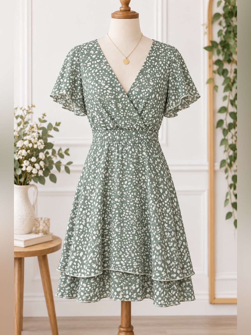 Emerald Sundae Sage Green Spotted Wrap Dress Size 9 Tie Back Ruffle Hem